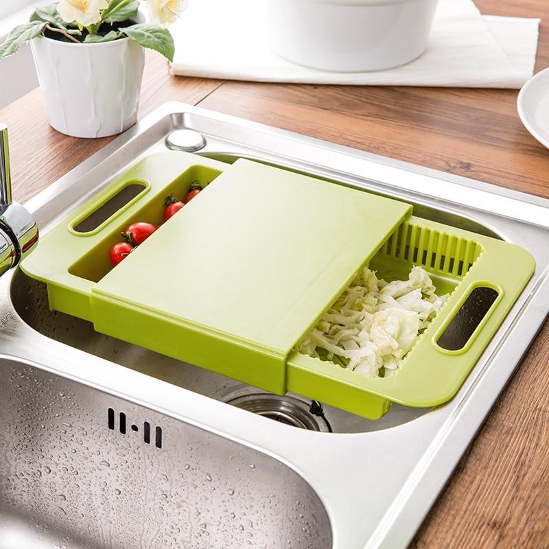 3-in-1 Multi-Function Cutting Board with Drain Basket – Space Saving Sink